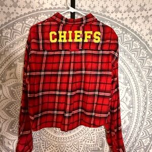 American Eagle Cropped Red Plaid Flannel with KC Chiefs Patch